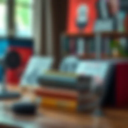 A collection of podcasts and investment books displayed on a table, ideal resources for beginners in investing.