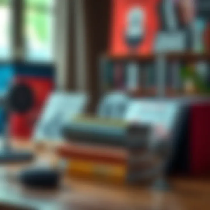 A collection of podcasts and investment books displayed on a table, ideal resources for beginners in investing.