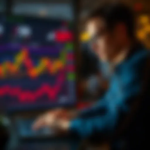 A person looking at stock market charts and memecoins on a laptop, appearing thoughtful about investment choices.