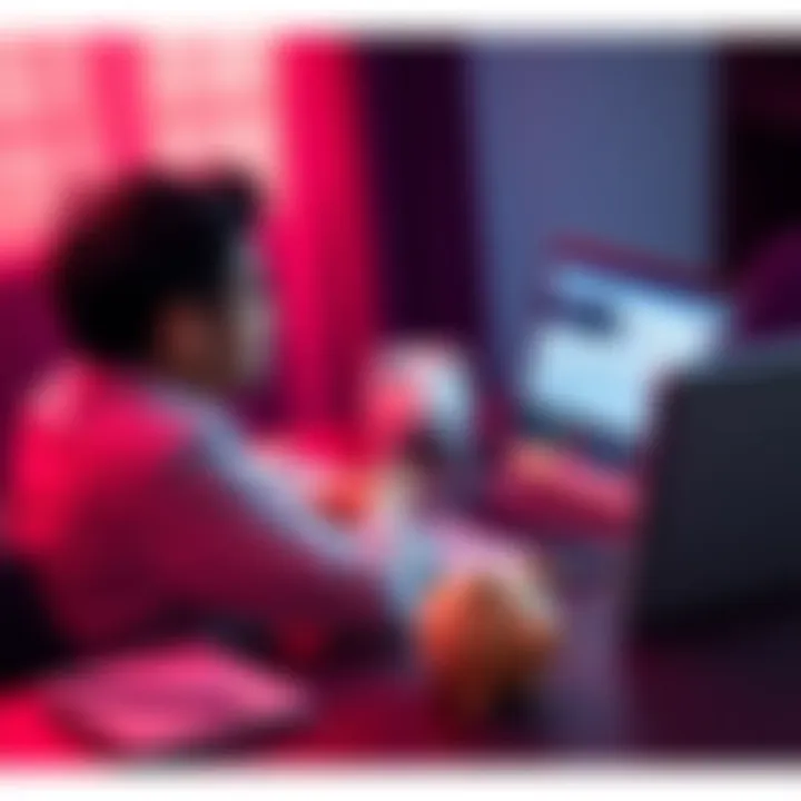 A person sits at a desk with a laptop open, showing the Raiz app. They appear focused, considering investment options. A small piggy bank is beside them, symbolizing savings.