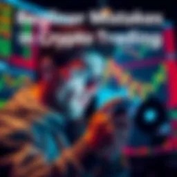 A person looking stressed while checking cryptocurrency prices on their phone, surrounded by charts and graphs indicating market fluctuations