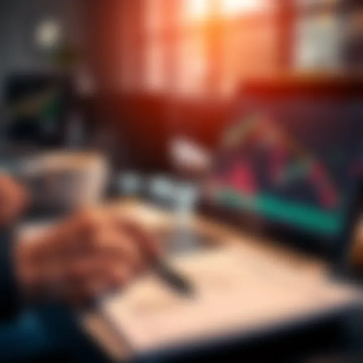 Beginner Trading Concepts A person studying trading charts and graphs on a laptop with a notebook and pen