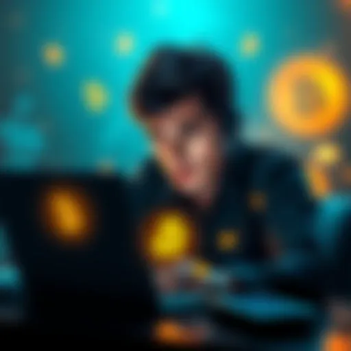 A person looking at a laptop with Bitcoin symbols, showing confusion about wallets and security.