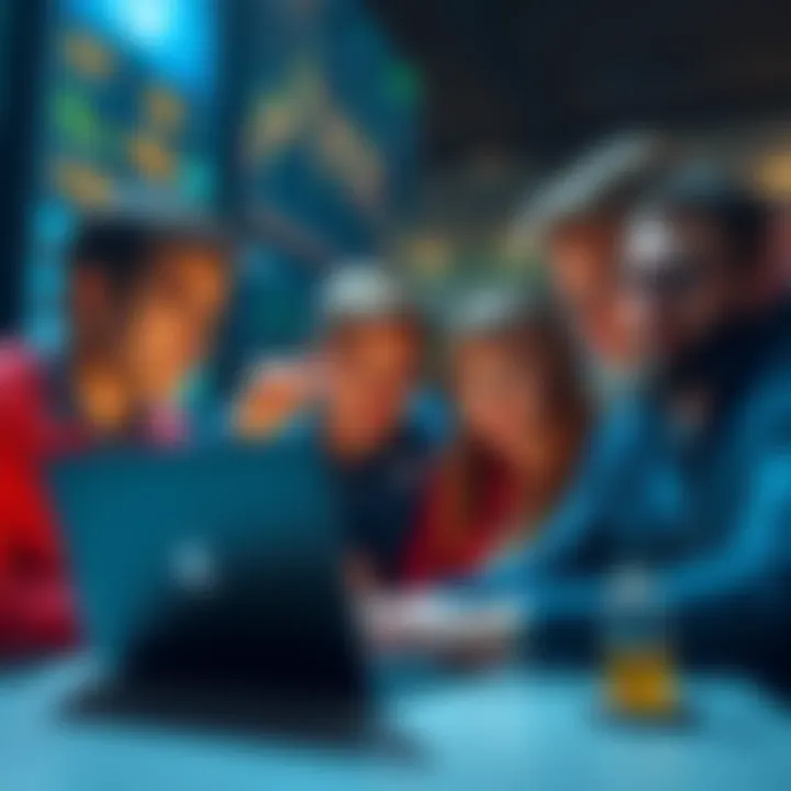 A group of new people looking confused while looking at cryptocurrency charts on a laptop and discussing together.