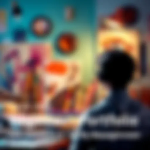 A person showcasing their beginner portfolio while asking for feedback from others, with art materials in the background.