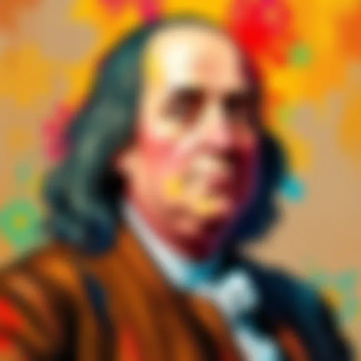 Vibrant acrylic painting of Ben Franklin, showcasing his character with a thoughtful expression and bright colors.