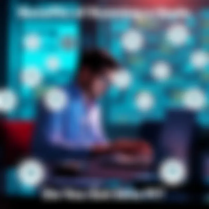 A person using a laptop to manage a node in the Pi network, with Pi logos around them