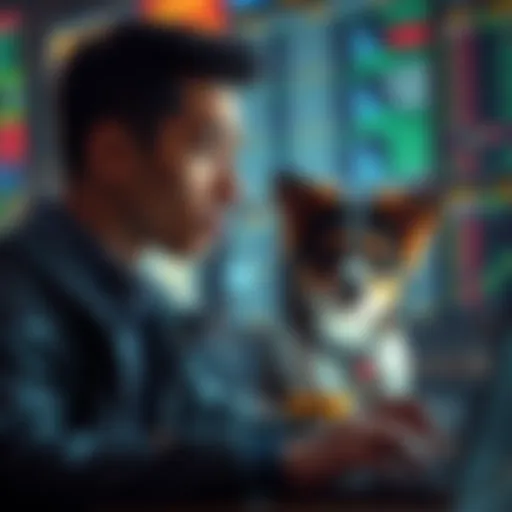 Benji looking concerned while checking stock market data on a laptop, reflecting on the challenging market conditions.