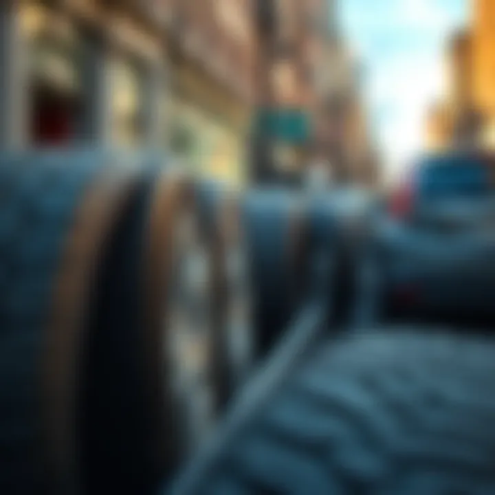 A close-up view of various all-season tires suitable for a 2019 CRV EX, showcasing their tread patterns and quality, with a city street backdrop.