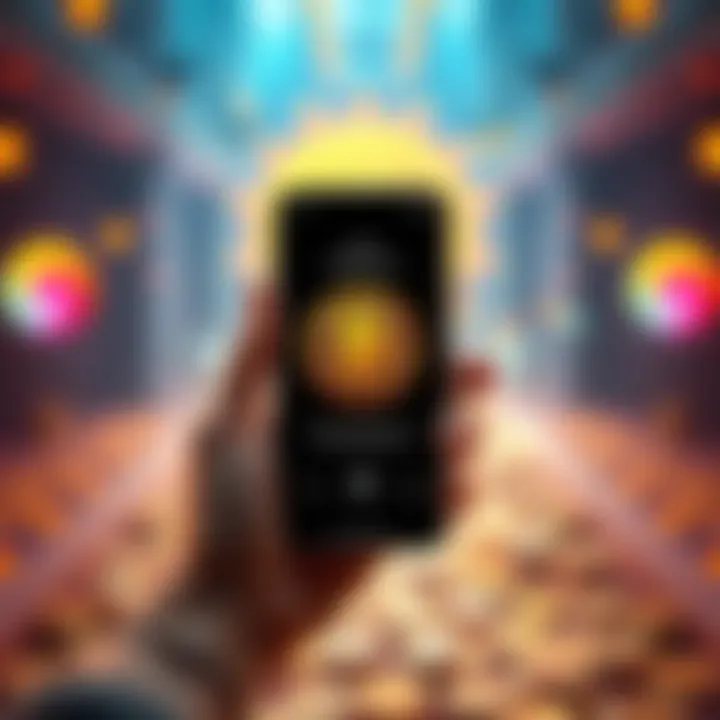 A person holding a smartphone displaying a Bitcoin wallet interface with digital coins around it