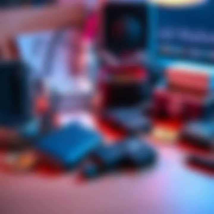 A collection of cold wallets including hardware devices and paper wallets on a desk, showcasing secure storage options for cryptocurrencies.