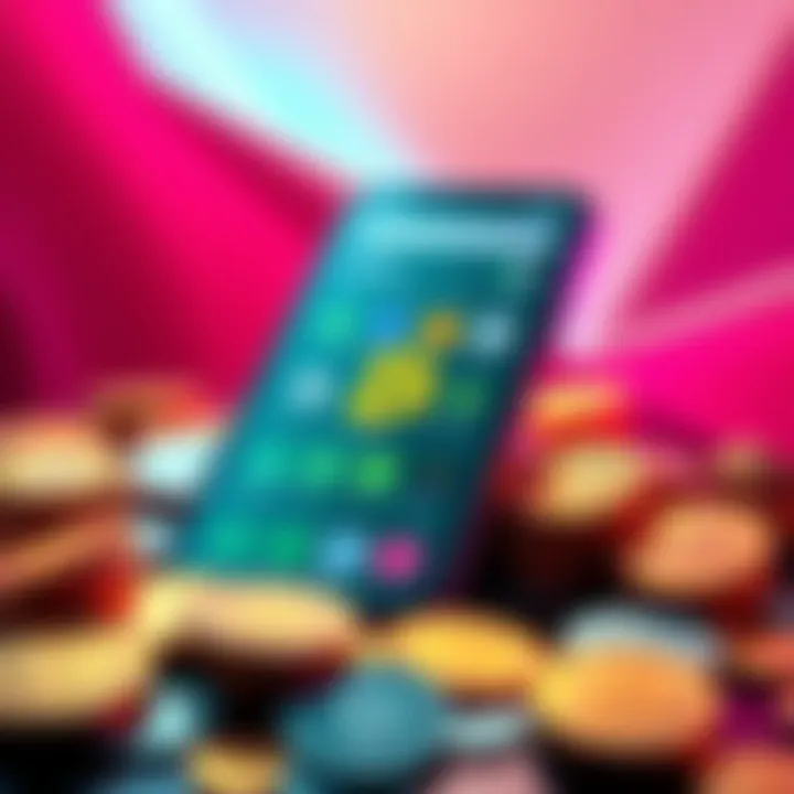 A smartphone displaying popular cryptocurrency apps with coins around it.