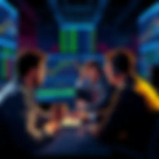 A group of traders discussing emotional strategies in front of a computer showing trading data