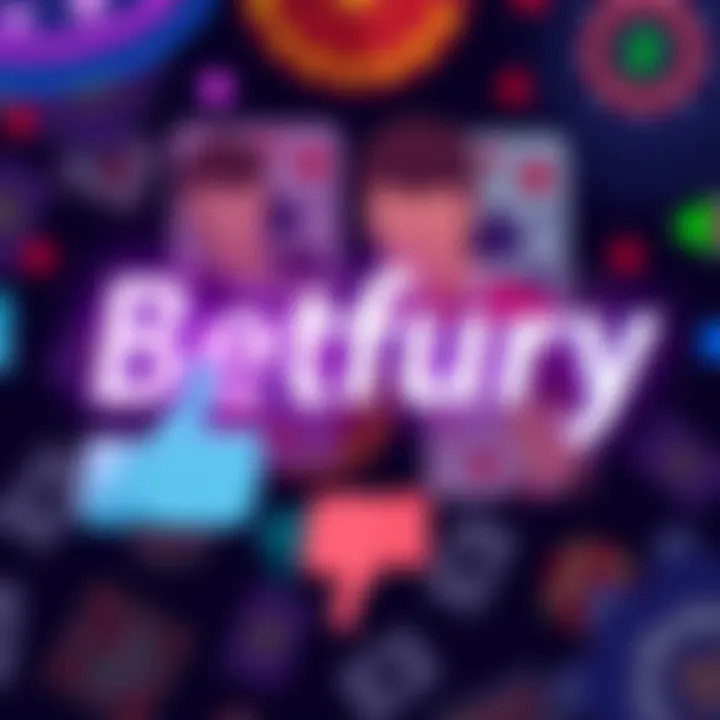 Betfury Casino Reviews A collage of user reviews and ratings about Betfury Casino, featuring thumbs up and down icons, and a casino theme background.