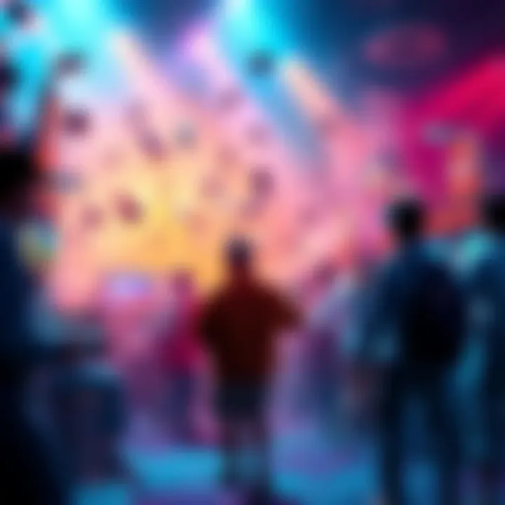 A lively scene showcasing various betting options including sports, casino games, and entertainment selections with people placing bets.