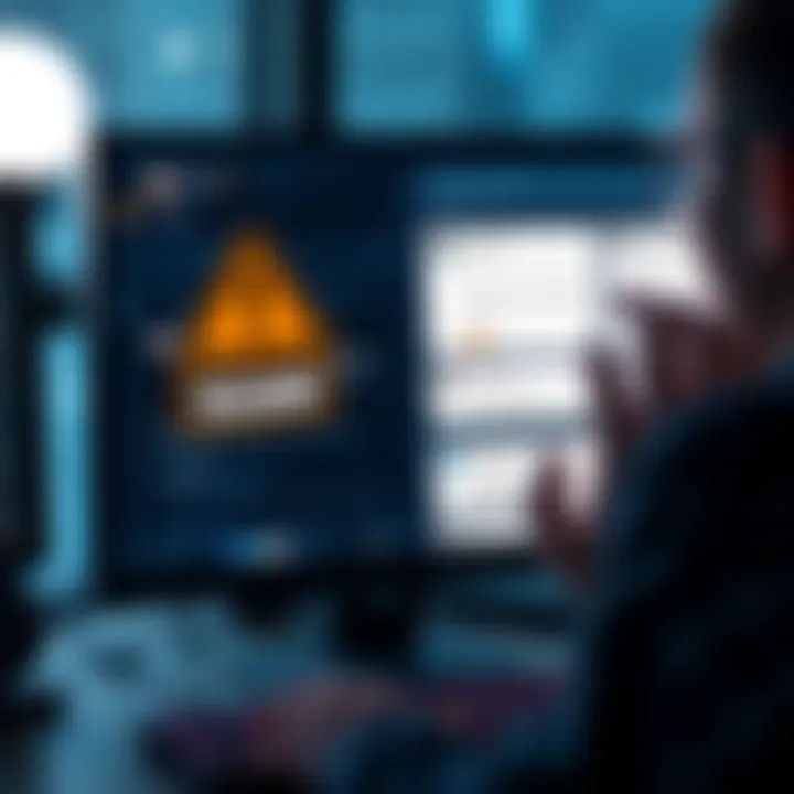 A person looking at a computer screen showing deceptive direct messages with a similar name to a popular forum, warning about scams.