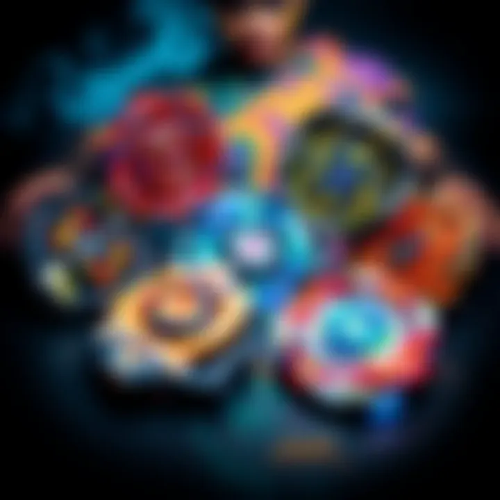 A selection of different Beyblades designed for adult competitors, showcasing their unique features and colors, ready for battle.