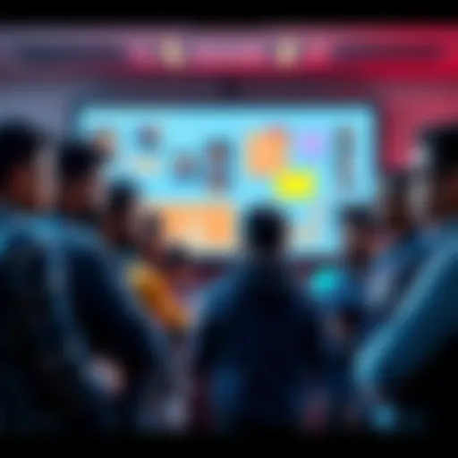 A group of diverse people reviewing PowerPoint slides together, discussing ideas for the Bharatiya Antariksh Hackathon 2026