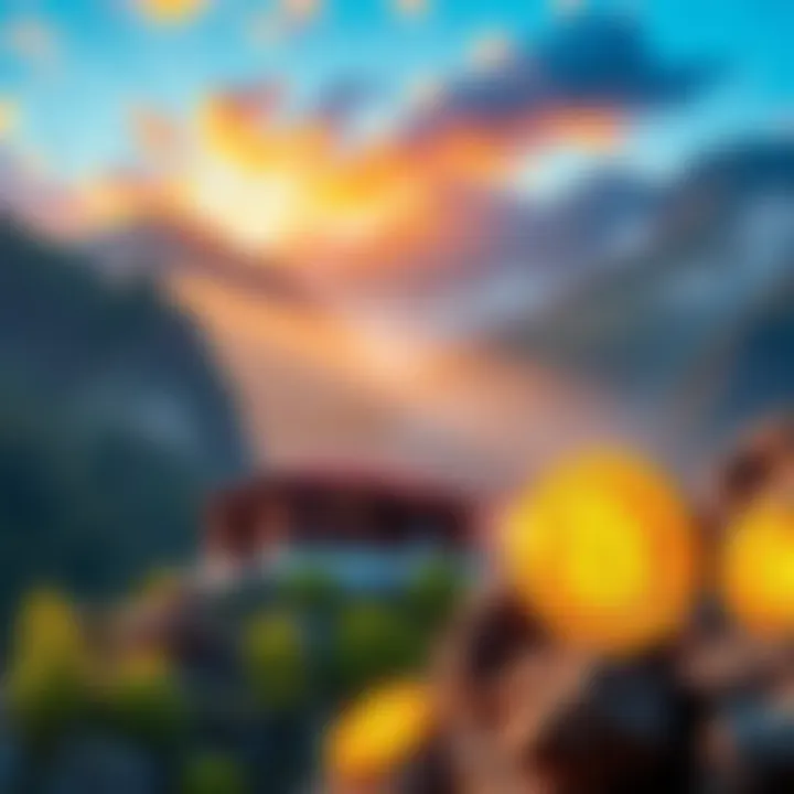 Bhutan's Bitcoin Investment A view of Bhutan's landscape with Bitcoin symbols, showing economic growth and digital currency initiatives, including tourism payments and gold-backed tokens.