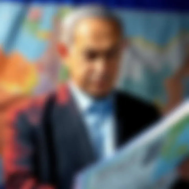 Israel's Prime Minister Bibi Netanyahu looking serious while studying a map showing potential threats ahead of the 10/7 attack