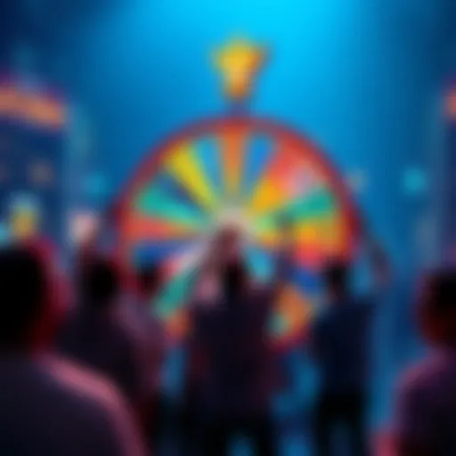 A person spins a colorful wheel to win a bid token for landmark locations, surrounded by excited onlookers.