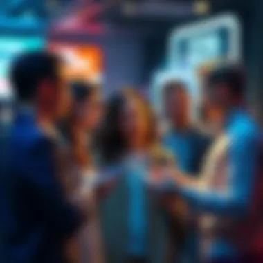 A group of people engaged in a conversation about how many bid tokens they hold, with one person showing a device to display their count.