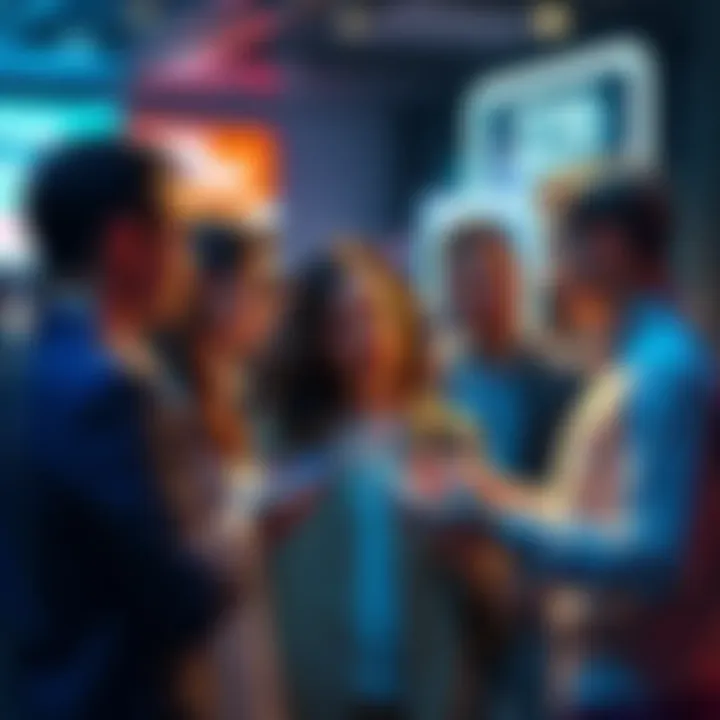 A group of people engaged in a conversation about how many bid tokens they hold, with one person showing a device to display their count.
