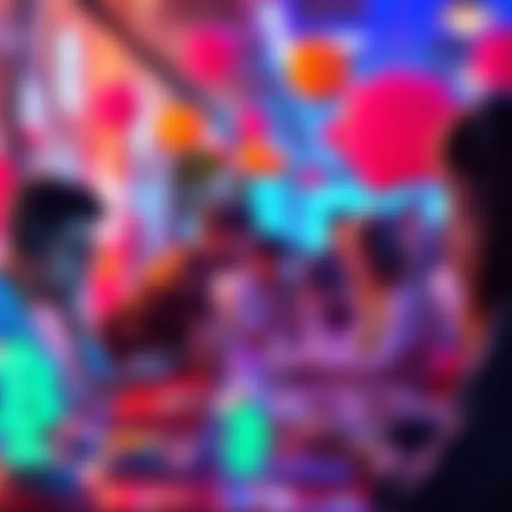 A vibrant scene showing people participating in online activities using bid tokens for engagement