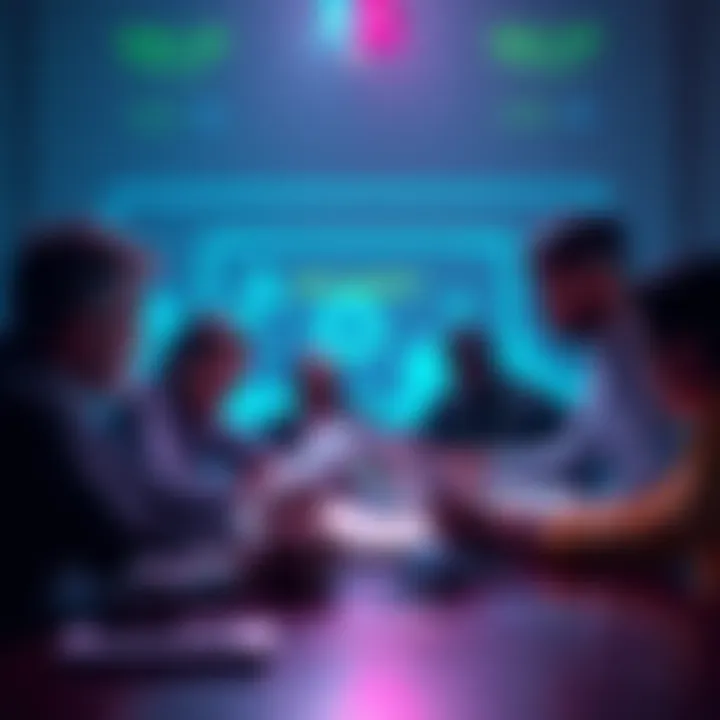 A group of bidders at a table analyzing documents and debating the 10k token cutoff decision, expressing frustration and concern.