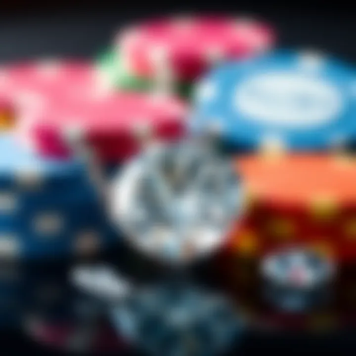 A close-up of colorful bidding chips next to a sparkling diamond, representing conversion of chips to diamonds.