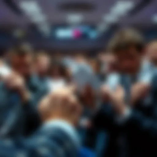 A close-up of people's hands placing bids on auction tokens, showing expressions of frustration and determination.