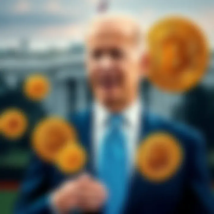 Biden and Bitcoin: A New Era in Cryptocurrency A digital collage depicting Bitcoin symbols alongside President Biden's iconic blue tie and White House backdrop