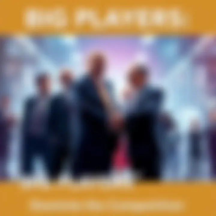 A group of large business leaders shaking hands, symbolizing dominance in competition, with smaller figures in the background looking on.