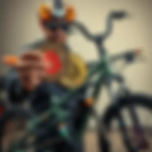 A person holds Bitcoin symbols while standing next to a new bike and bike parts they bought online