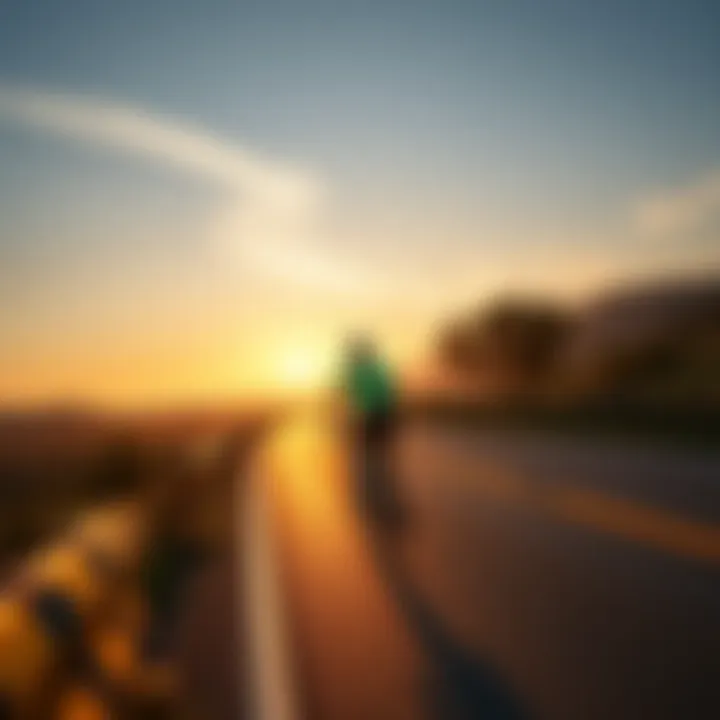 A cyclist riding on a scenic road with a sunset in the background while delivering food for Uber Eats.