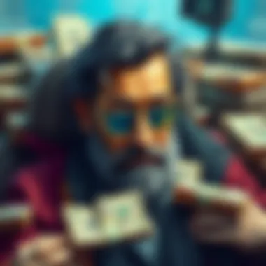 Billionaire Devasini surrounded by stacks of dollar bills, symbolizing his influence on global finance and politics.