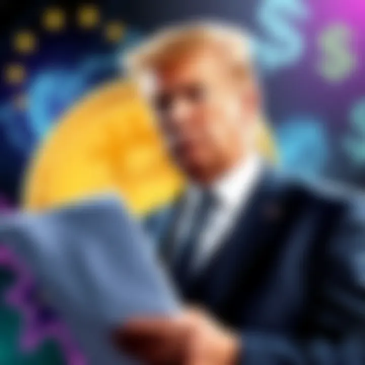 A billionaire investor in a suit looking concerned while holding documents, with a backdrop of a failing cryptocurrency symbol and dollar signs, symbolizing financial loss.