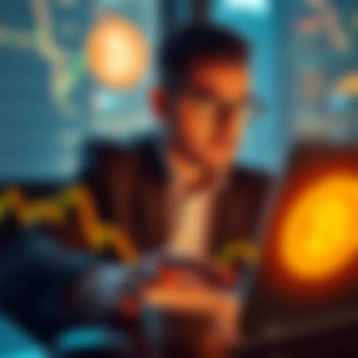 Billionaire Mindset and Bitcoin A business person analyzing Bitcoin charts on a laptop with a confident expression, symbolizing financial success and a billionaire mindset.