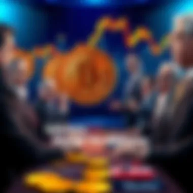 A group of billionaires discussing Bitcoin investment strategies, with a chart showing Bitcoin price fluctuations in the background.