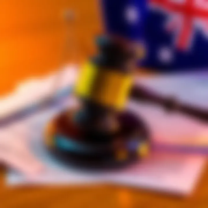 A gavel and legal documents representing Binance's $6.9 million fine in Australia for onboarding errors.