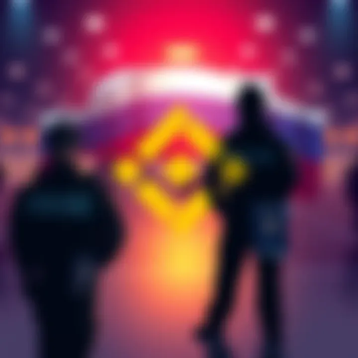 Illustration of Binance logo with a background of Russian police and an outline of a person with a passport symbol, representing data sharing with law enforcement.