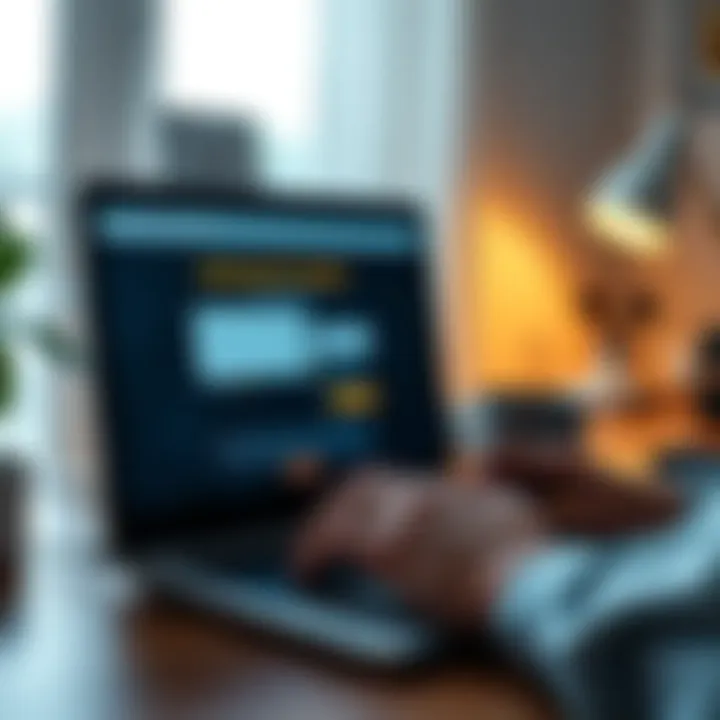 A person looking at a laptop screen showing Binance Futures account registration page, with a focus on regional restrictions message, in a home office setting.