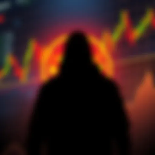 A Binance logo with a backdrop of financial charts and a shadowy figure representing scrutiny.