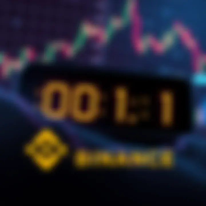 A digital clock showing a countdown to July 1, with Binance's logo in the foreground and a backdrop of financial graphs.