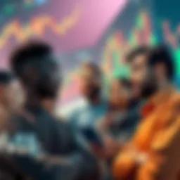 A group of people discussing financial trends, showing a mix of hope and concern, with charts and graphs in the background representing market fluctuations.