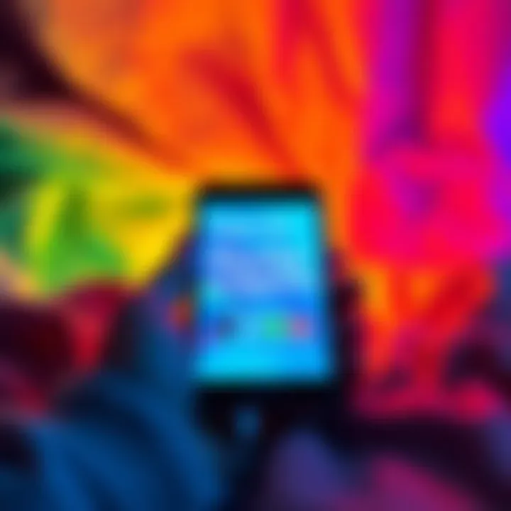 A smartphone displaying bipolar support apps on the screen, surrounded by a comforting and colorful background, symbolizing mental wellness and community connection.