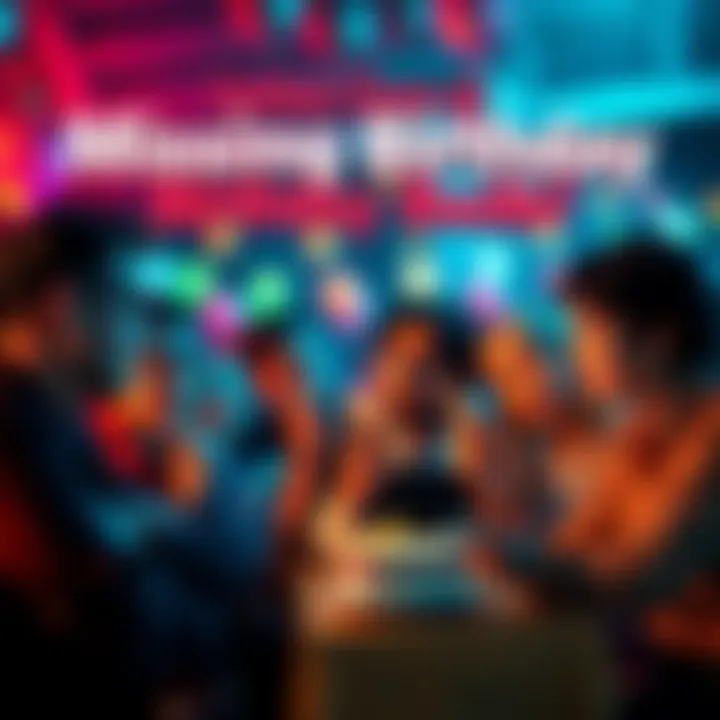 A group of people talking about birthday bucks with puzzled expressions, some holding cash, in a festive setting