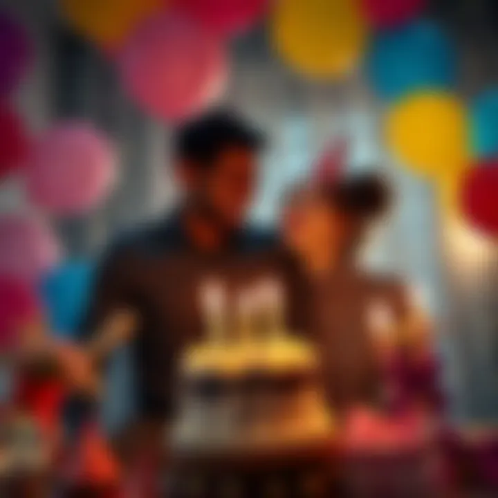 A man joyfully celebrating his 39th birthday with his wife, surrounded by balloons and a birthday cake, expressing gratitude and love.