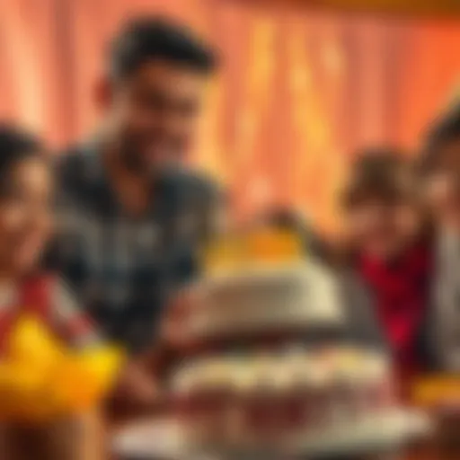 A person smiling while holding a birthday cake and a SHIB coin, surrounded by family members