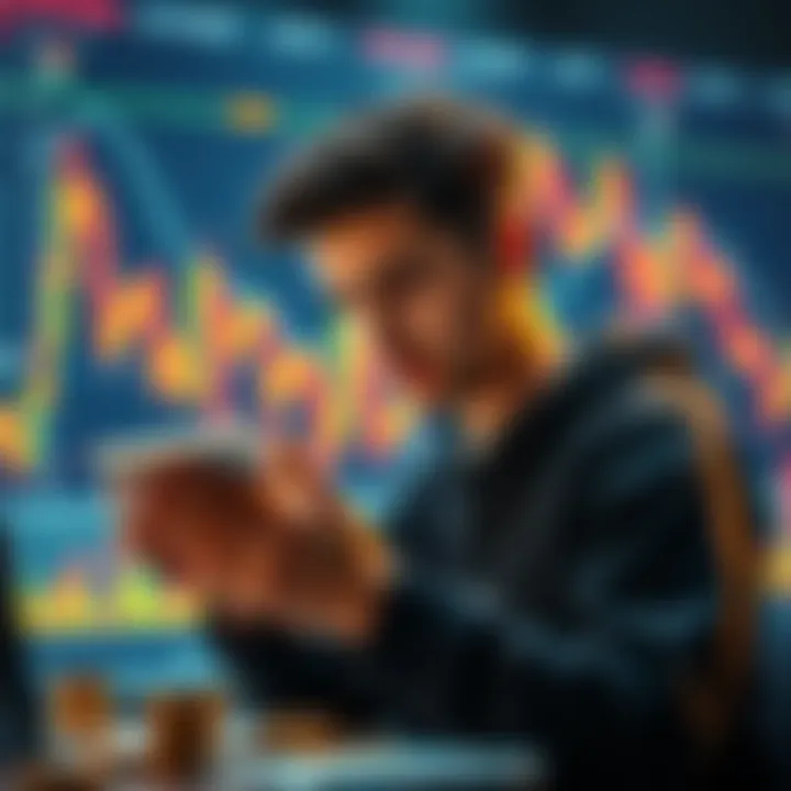 A person analyzing the Bitaxe Bitcoin miner, weighing investment options and potential risks, with cryptocurrency charts in the background.